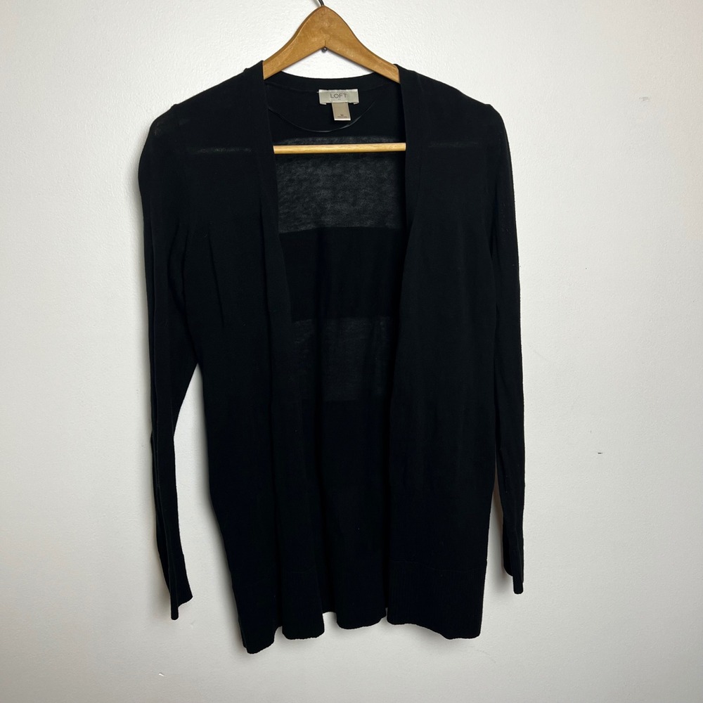 LOFT‎ Womens Black Open Front Longline Cardigan Sweater Size M 100% Cotton